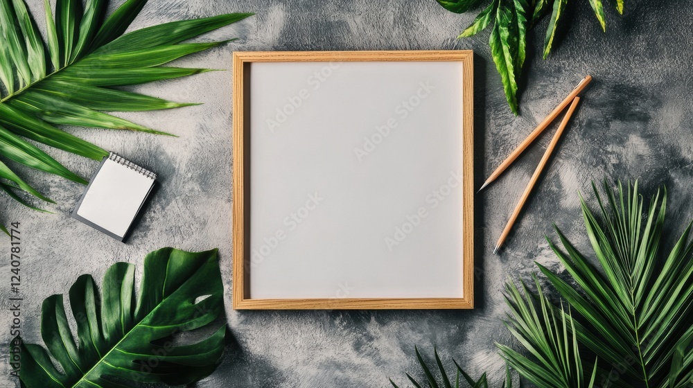 Aufkleber blank canvas surrounded by tropical leaves and stationery inviting creativity and inspiration in a s