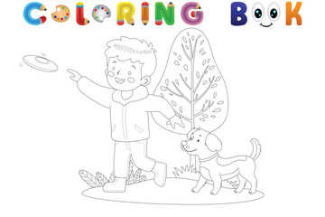 Coloring book of little boy with a dog playing flying disc, vector catoon illustration