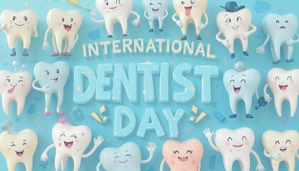 Obraz premium Cartoonish teeth characters celebrating International Dentist Day promoting dental health and hygiene awareness