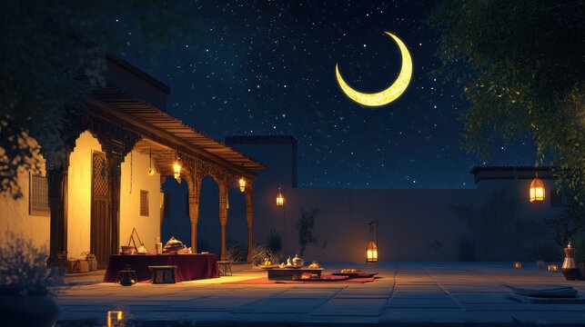 Serene Courtyard Under a Crescent Moon at Night