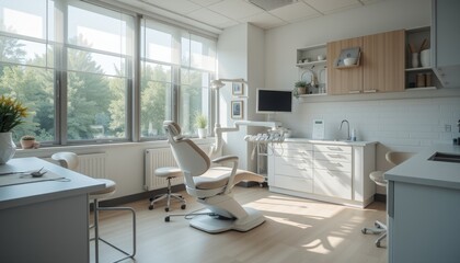 Modern dental office with ample natural light and state-of-the-art equipment creating a welcoming and professional environment