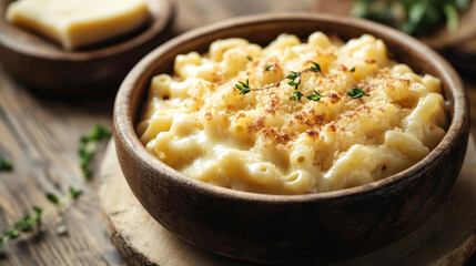 "Creamy macaroni and cheese served in a rustic bowl, set in a warm, inviting environment, highlighting the texture and richness of the dish in professional food photography."

