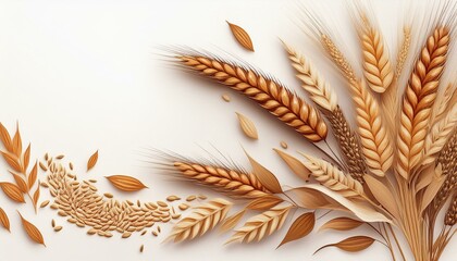 background with wheat grains wheat ears and wheat grain on a white background with a place for text dried ears of wheat on white background top view harvest concept banner design generative ai