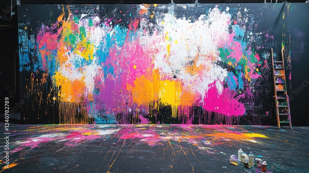 Poster bright, bold paint splashes in multiple colors create an energetic and artistic abstract scene on a 