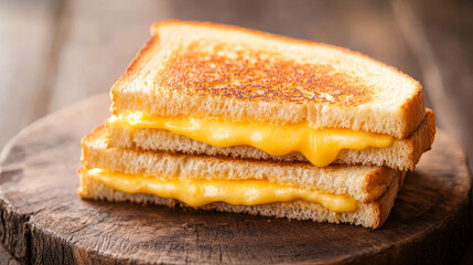 "A grilled cheese sandwich placed on a wooden board."

