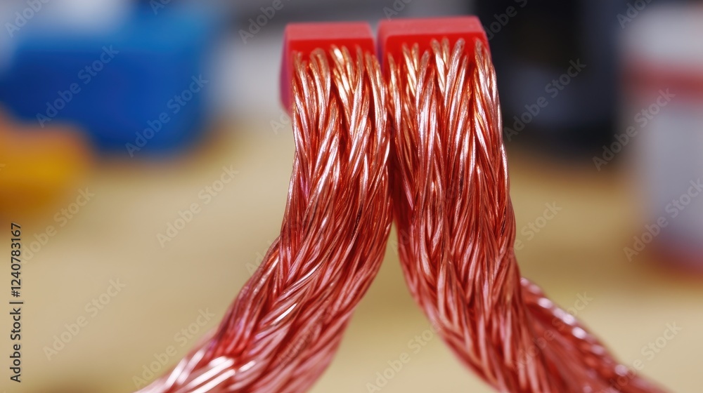Poster close-up shot of two copper wires twisted together and insulated with bright red electrical tape, sh