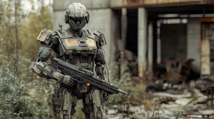 Fototapeta premium Post-Apocalyptic Robot Soldier in Ruins