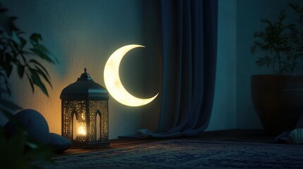 Serene Night scene with Crescent Moon and Glowing Lantern