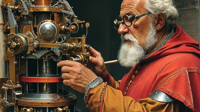 An old inventor tinkers with intricate steampunk machinery in a workshop.