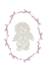 Watercolor Cupid in a frame of bows. Baptism angel. Hand drawn little Cherub in pastel colors on a white background. Clip art religious. Perfect for Valentine's Day and Christening cards and posters