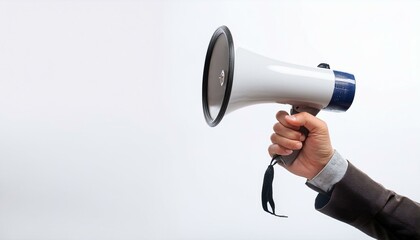 hand holding a megaphone on white background