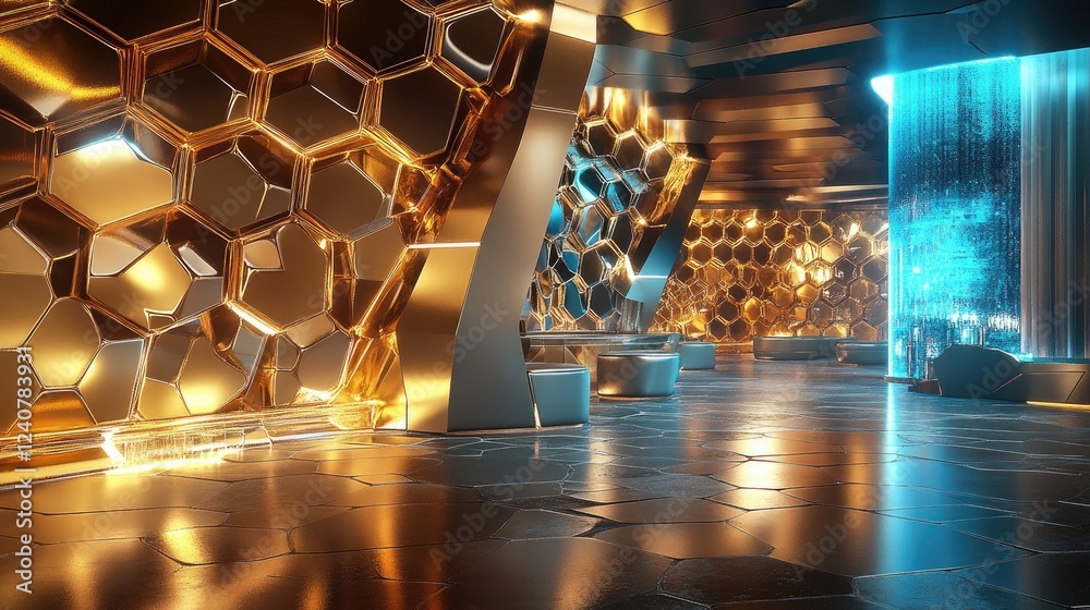 Poster D-shaped hexagonal patterns form a futuristic landscape, with metallic reflections and vibrant highlights for a cutting-edge design.
