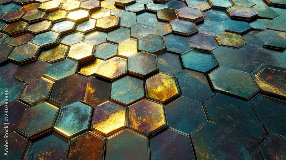 Poster D-shaped hexagonal patterns form a futuristic landscape, with metallic reflections and vibrant highlights for a cutting-edge design.