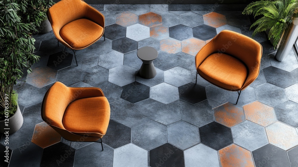 Poster d-shaped hexagonal patterns form a futuristic landscape, with metallic reflections and vibrant highl