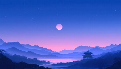 Serene Nightscape with Full Moon over Misty Mountains and Traditional Pavilion
