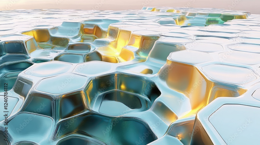 Aufkleber d-shaped hexagonal structures form a dynamic, futuristic landscape, with metallic reflections and vi