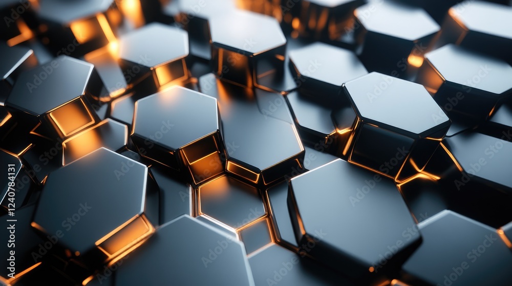 Poster D-shaped hexagonal structures form a dynamic, futuristic landscape, with metallic reflections and vibrant, glowing highlights.