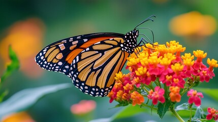 Fototapeta premium Monarch butterfly feeding on lantana flowers in a garden