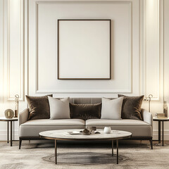 An empty white picture frame hanging on the wall of the living room, in a mid-century modern style, with a cream and brown color scheme and velvet fabric cushions. The sofa is grey, and the 