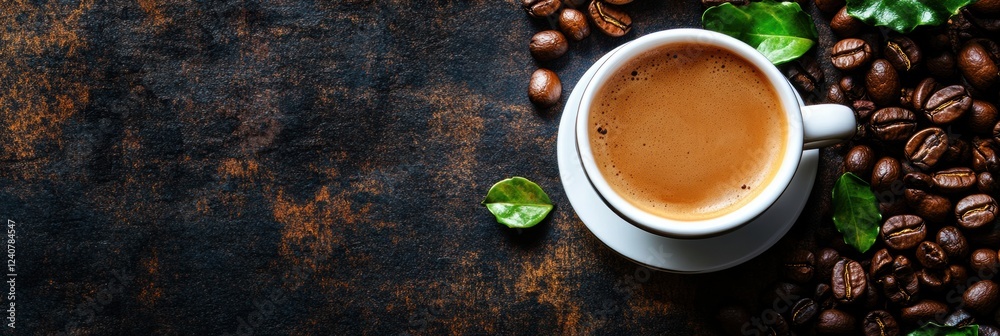 Poster coffee cup surrounded by roasted beans and fresh leaves on rustic background creates an inviting atm