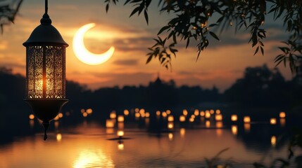 Serene Sunset with Illuminated Lantern and Crescent Moon over Calm Water