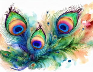 Obraz premium watercolor painting of vibrant peacock feathers composition on white background with blank space for beautiful and artistic design