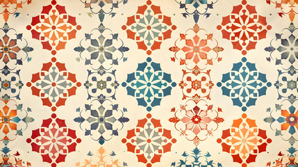 Colorful geometric pattern featuring intricate designs on a light background, suitable for textiles