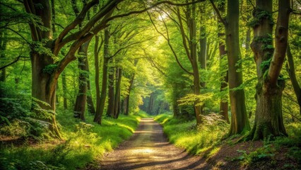 Obraz premium Forest Pathway Under Dappled Light, forest ambiance, woodland path