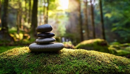 zen stones balanced on a moss covered rock in a tranquil forest