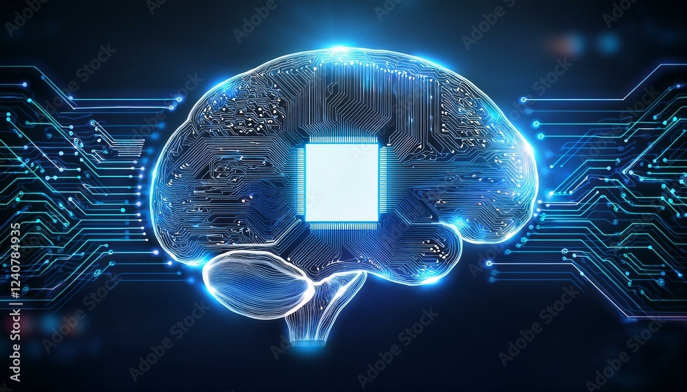 Wall mural neurofitback futuristic brain concept with glowing neural network and microchip integration