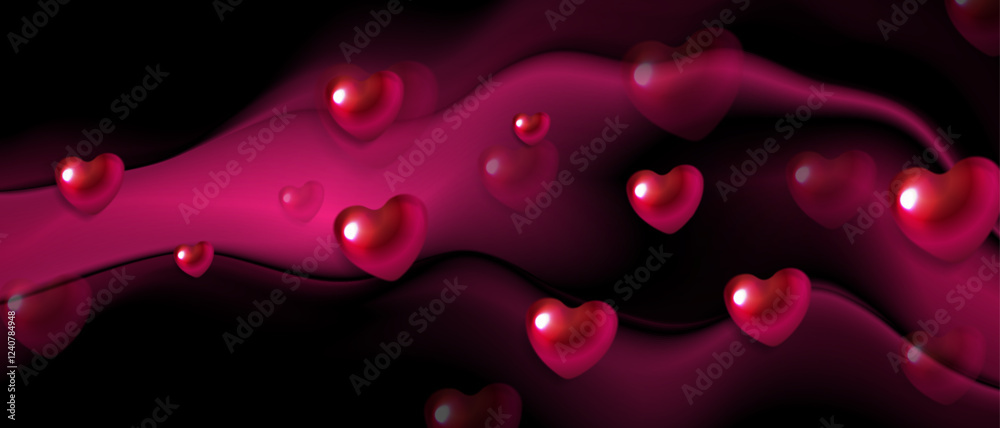 Poster bright red and purple shiny 3d hearts and liquid waves valentines day abstract background. vector gr