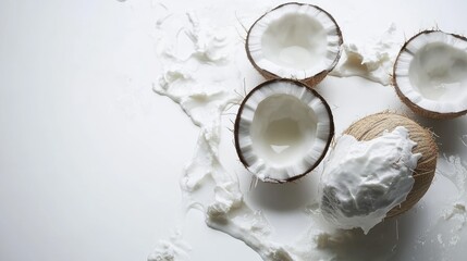 Fototapeta premium Fresh coconut halves with milk spilling out onto a white surface, evoking the refreshing vibe of a tropical island.