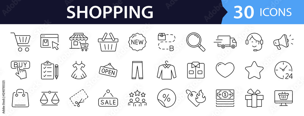 Aufkleber E-commerce and shopping set of web icons in line style. Shop icons for web and mobile app. Black Friday. Sale discount, mobile shop, digital marketing, delivery, bank card, gifts. Vector illustration