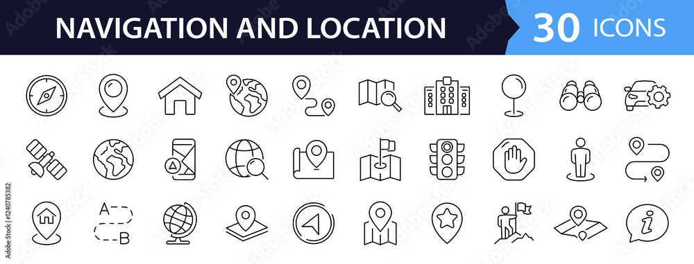 Poster navigation and location set of web icons in line style. map location and navigation icons for web an