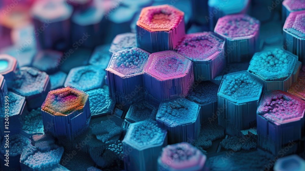 Aufkleber Futuristic hexagonal shapes in shades of cyan and magenta arranged in a layered pattern, creating a striking, modern visual effect.
