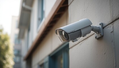 White security camera installed on a white brick wall capturing footage for enhanced home or building security and safety.