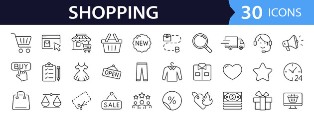 E-commerce and shopping set of web icons in line style. Shop icons for web and mobile app. Black Friday. Sale discount, mobile shop, digital marketing, delivery, bank card, gifts. Vector illustration