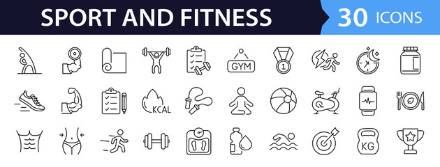 Fototapeta na wymiar Sport and Fitness set of web icons in line style. Gym and health care. Healthy lifestyle icons. Nutrition and dieting, training, body care, healthy food, workout, muscle, weight and more