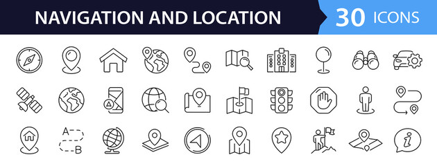 Navigation and location set of web icons in line style. Map location and navigation icons for web and mobile app. Map pin, GPS, compass, navigator, marker, map, pointer, traffic, travel, direction