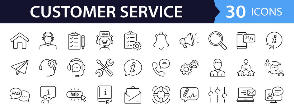 Customer service set of web icons in line style. Help and support. Support and service icons for web and mobile app. Online help, assistance, customer, 24 hrs, service and more. Vector illustration