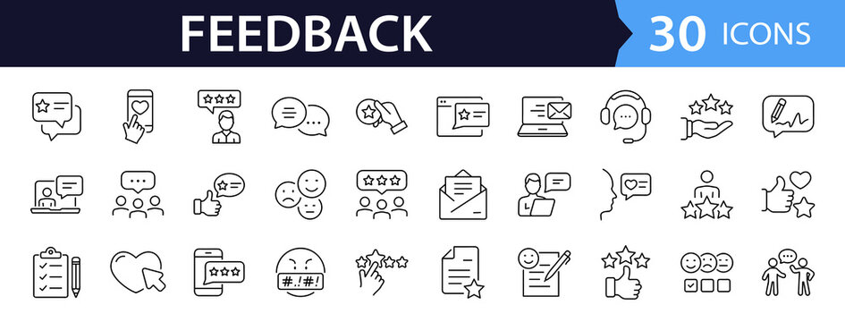 Feedback set of web icons in line style. Feedback and Review icons for web and mobile app. Customer relationship management. Star rating, satisfaction, emotion, testimonials, quick response, chat.