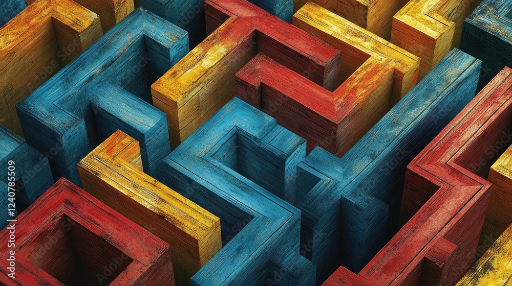 Poster generative ai-inspired abstract illustration of a wooden maze, with narrow colorful paths in blue, r