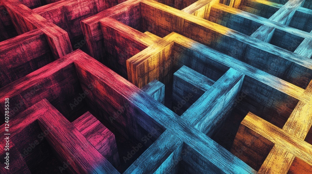 Poster generative ai-inspired abstract illustration of a wooden maze, with narrow colorful paths in blue, r