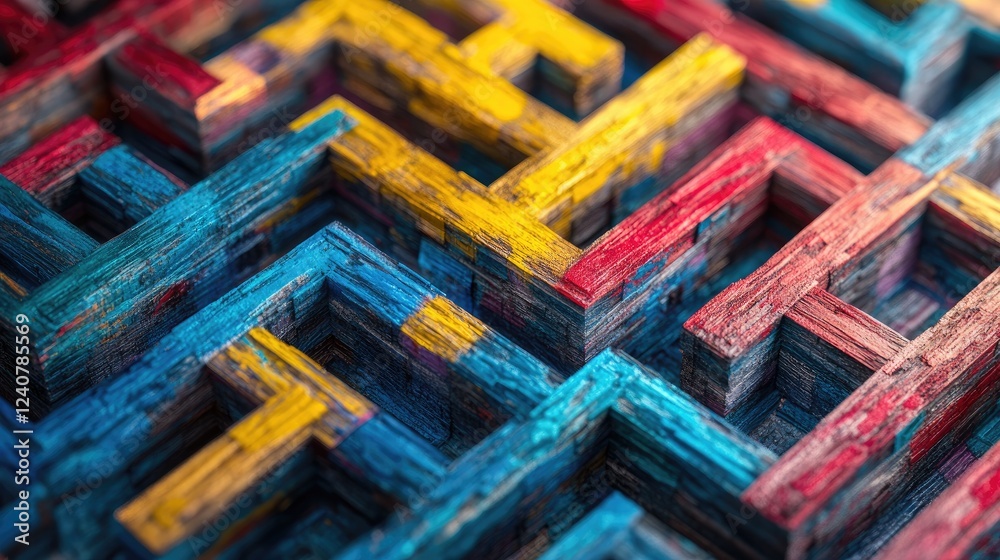 Poster generative ai-inspired abstract illustration of a wooden maze, with narrow colorful paths in blue, r