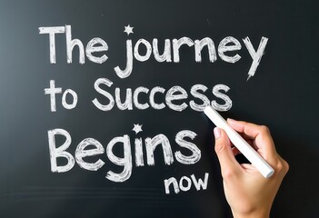 Fototapeta premium The Journey to Success Begins Now: White Chalk on a Blackboard Contrast Motivational quotes best for wall art or print