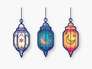 Three Colorful Hanging Lanterns with Moon and Star Designs