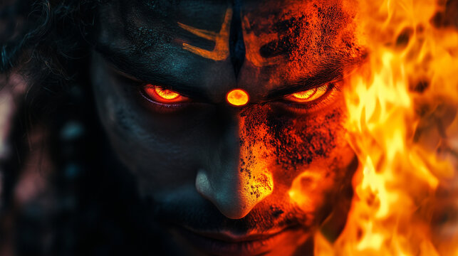 A detailed view of Shiva&acirc;s third eye, burning with immense spiritual energy, ready to unleash divine power