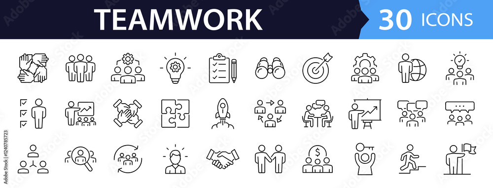 Poster Team work set of web icons in line style. Teamwork and business cooperation icons for web and mobile app. Partnership, synergy, interaction, management, collaboration, meeting, workplace and more.
