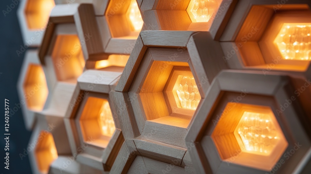 Aufkleber Interlocking hexagonal shapes illuminated by soft light, creating a complex and futuristic design with a digital edge.