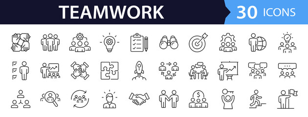 Team work set of web icons in line style. Teamwork and business cooperation icons for web and mobile app. Partnership, synergy, interaction, management, collaboration, meeting, workplace and more.
